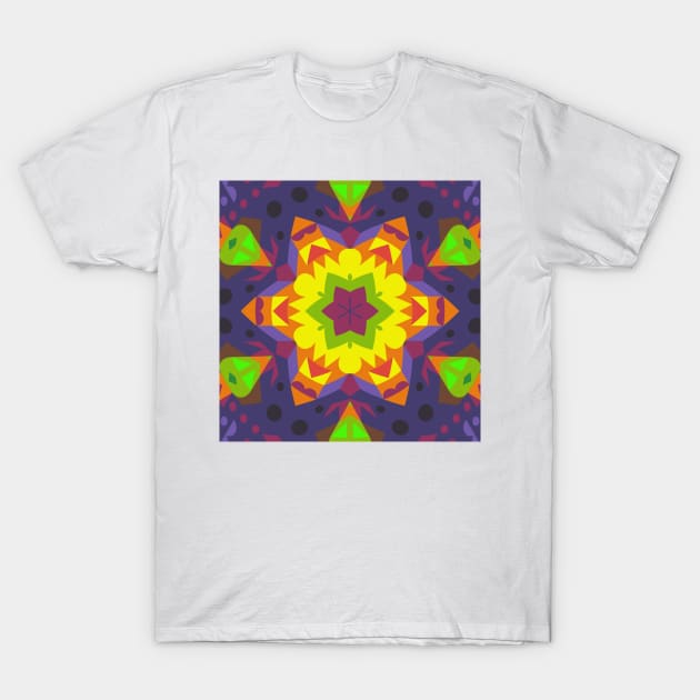 Retro Mandala Flower Yellow Purple and Green T-Shirt by WormholeOrbital